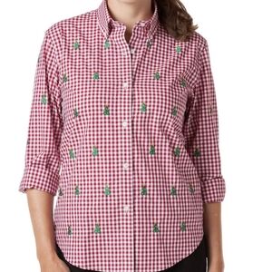 New Castaway Clothing Button Down Gingham Shirt Red With Christmas Tree Small